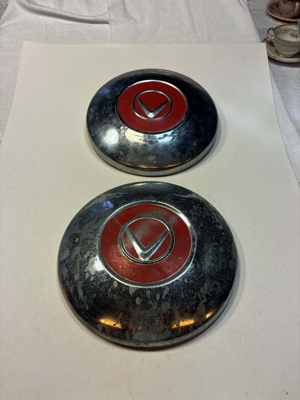 Vintage Volvo 10.5-inch Chrome Wheel Cover Hub Cap with Red 'V' Emblem (Set of 2